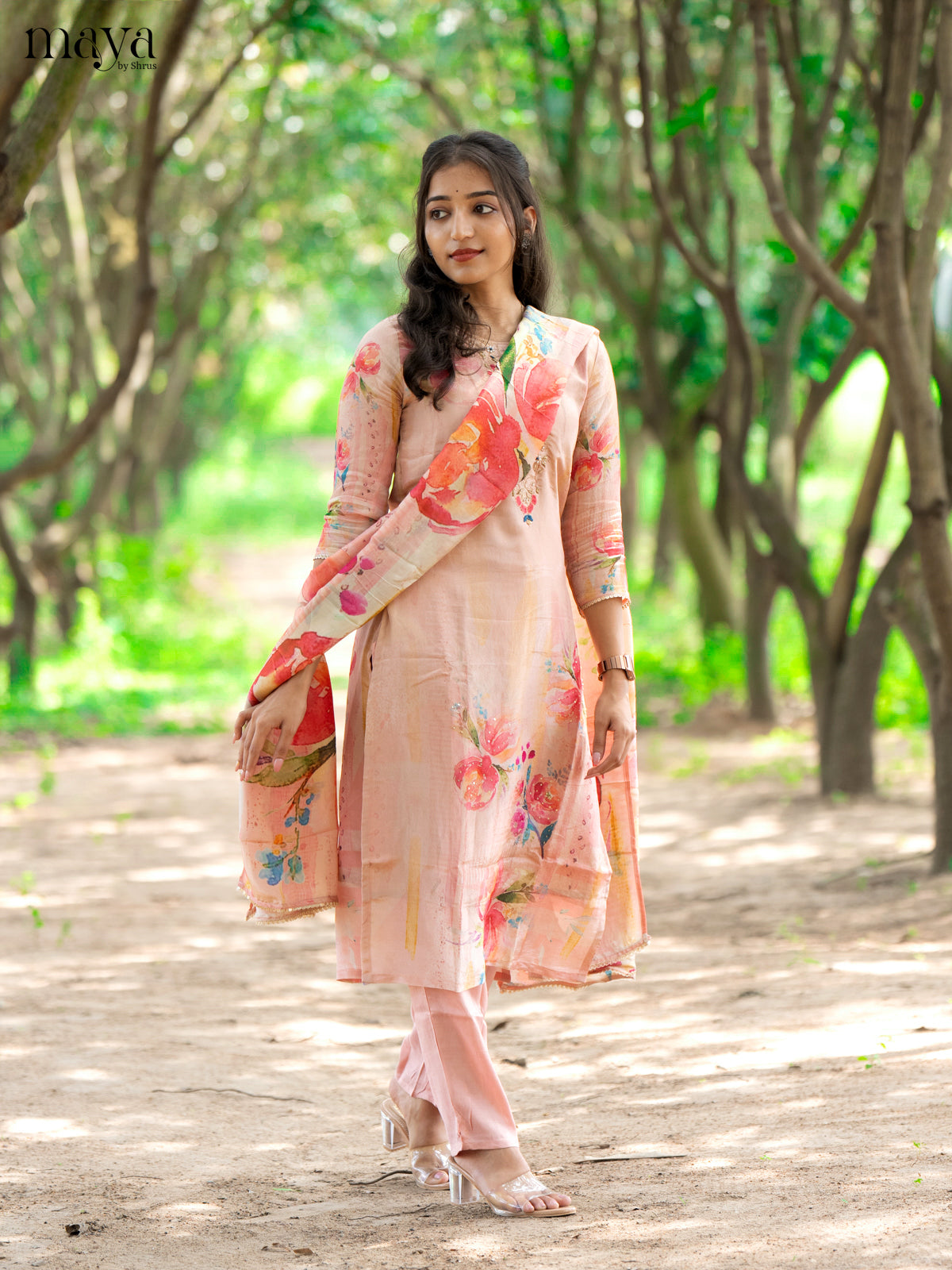 Embroidered Rayon Peach 3Pc Salwar Suit - Top, Bottom & Dupatta