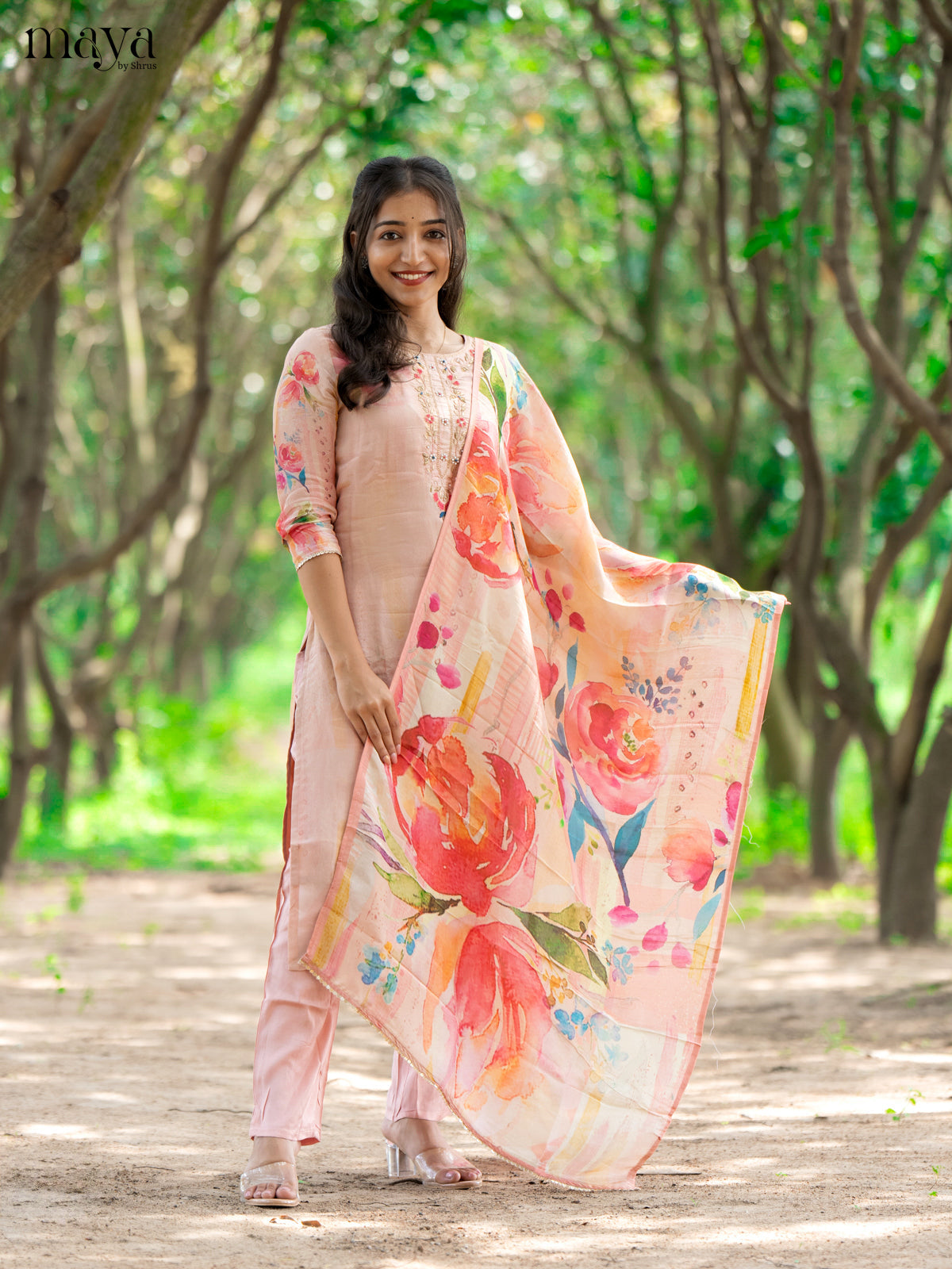 Embroidered Rayon Peach 3Pc Salwar Suit - Top, Bottom & Dupatta