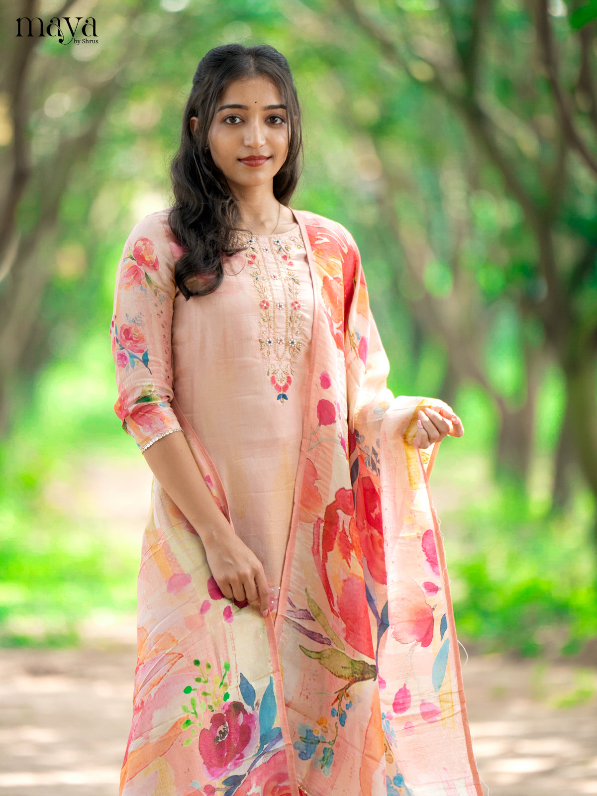Embroidered Rayon Peach 3Pc Salwar Suit - Top, Bottom & Dupatta