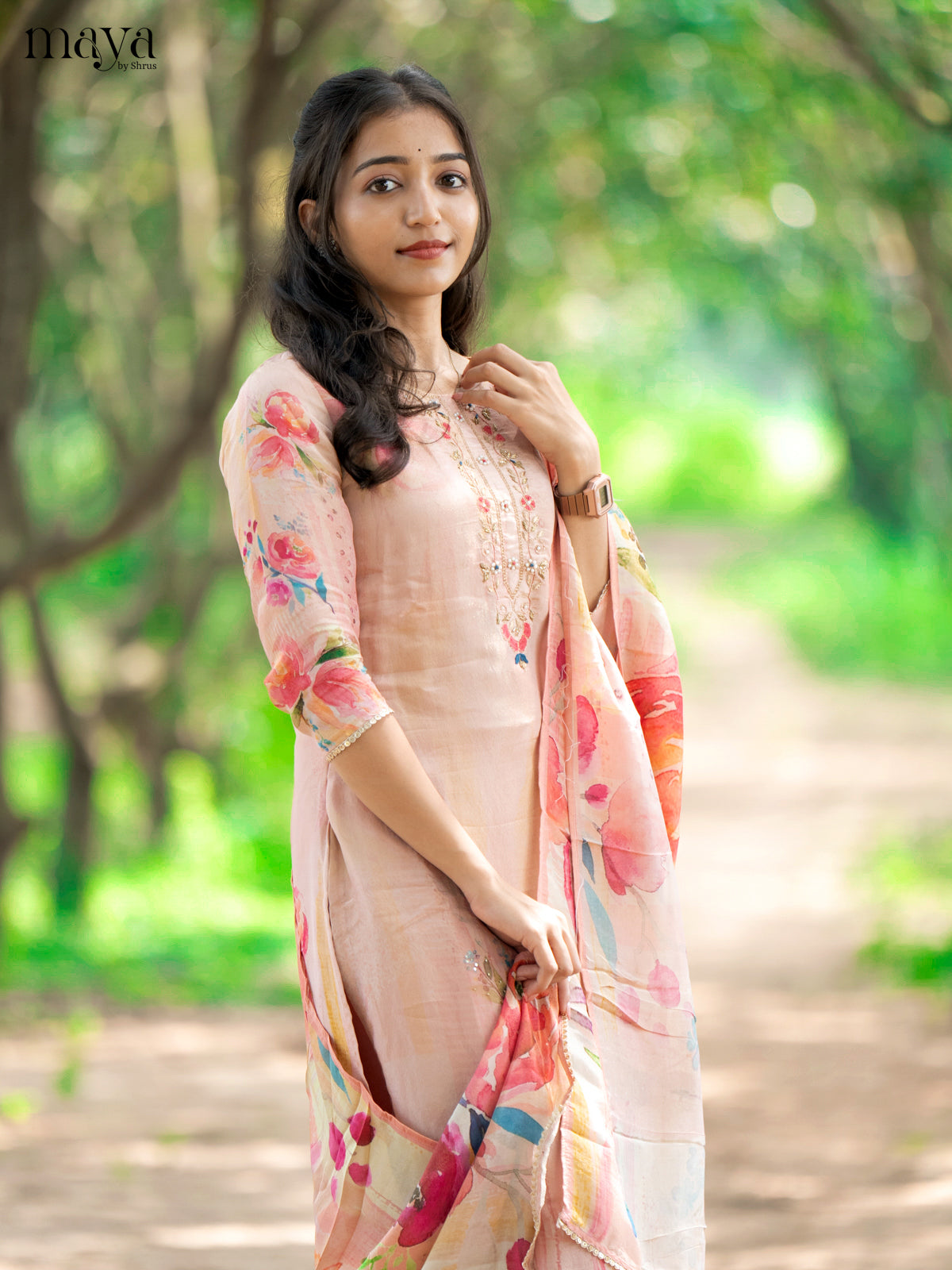 Embroidered Rayon Peach 3Pc Salwar Suit - Top, Bottom & Dupatta