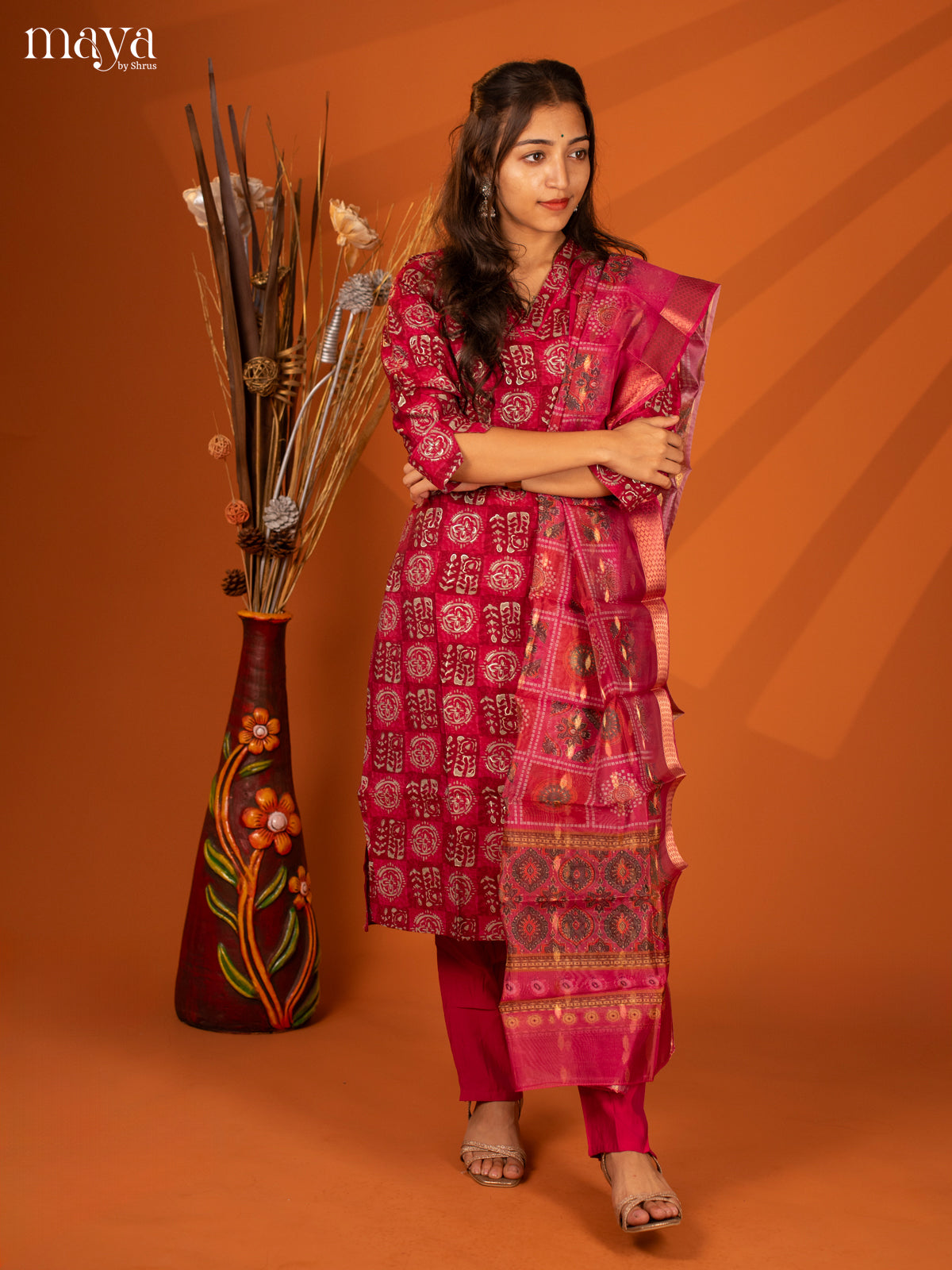 Magenta Semi Crepe 3 Pc Salwar with Batik Print - Top, Bottom & Dupatta