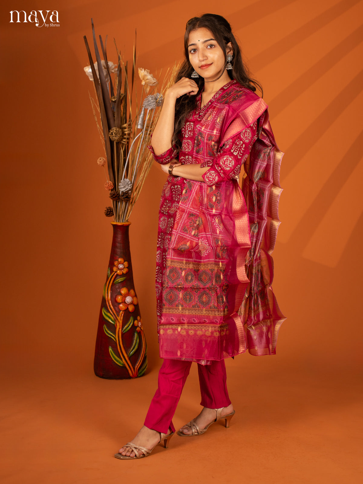 Magenta Semi Crepe 3 Pc Salwar with Batik Print - Top, Bottom & Dupatta
