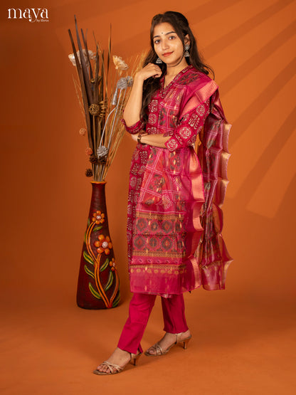 Magenta Semi Crepe 3 Pc Salwar with Batik Print - Top, Bottom & Dupatta