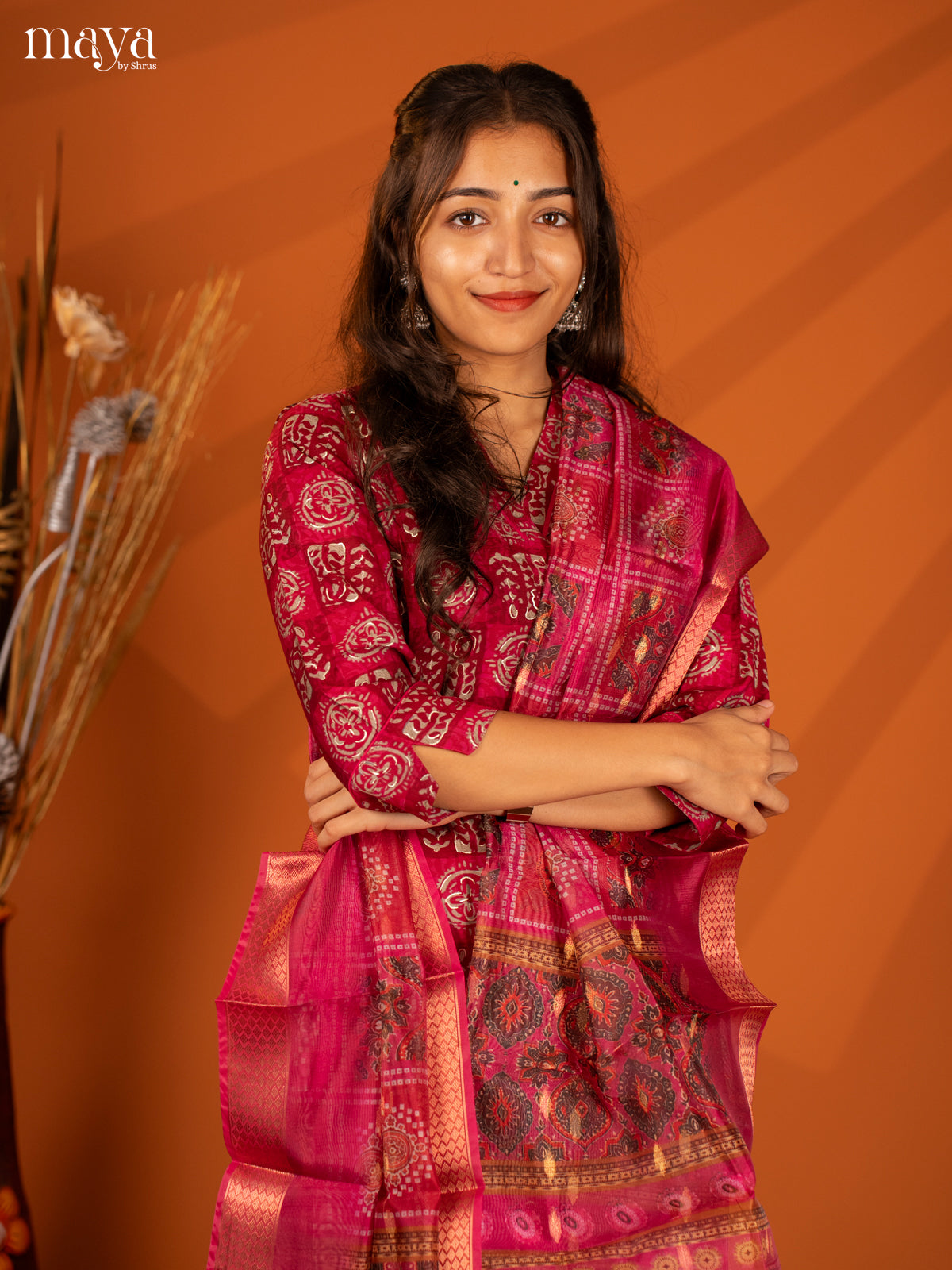 Magenta Semi Crepe 3 Pc Salwar with Batik Print - Top, Bottom & Dupatta