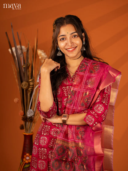 Magenta Semi Crepe 3 Pc Salwar with Batik Print - Top, Bottom & Dupatta