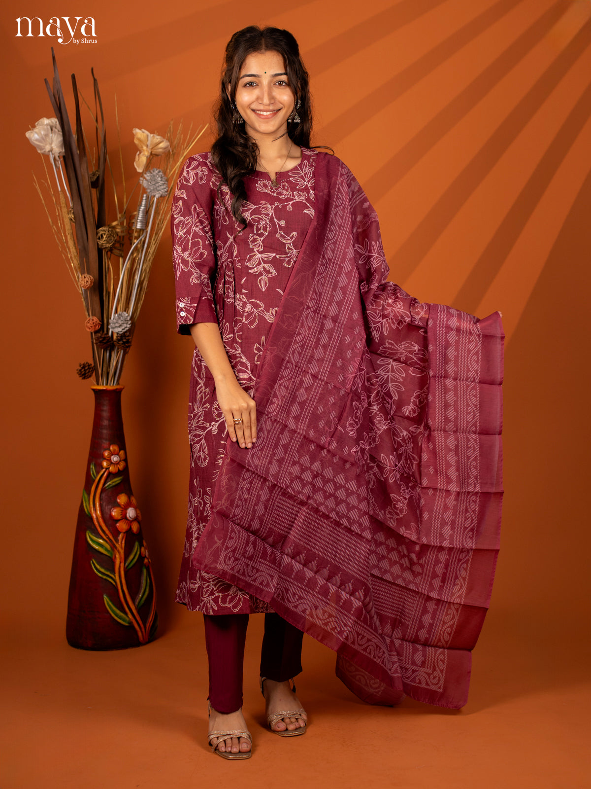Magenta Cotton 3 Pc Printed Salwar Suit - Top, Bottom & Dupatta