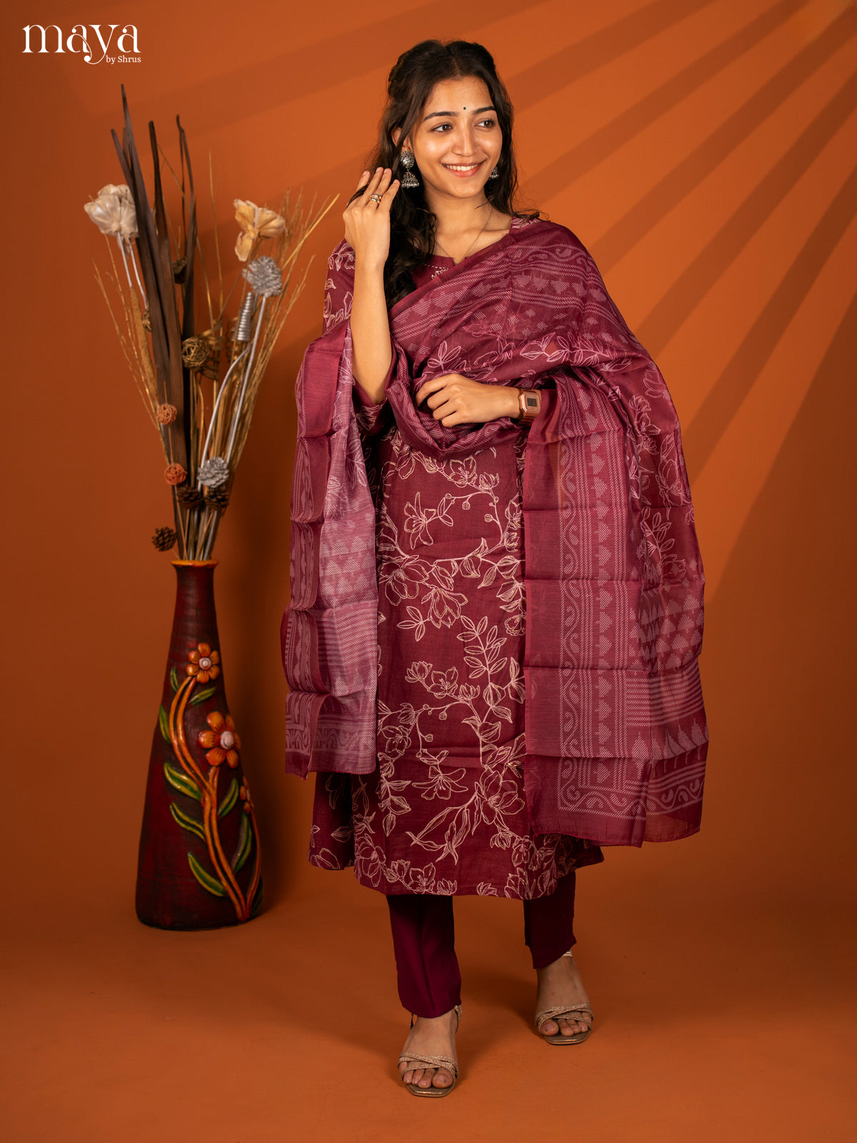Magenta Cotton 3 Pc Printed Salwar Suit - Top, Bottom & Dupatta