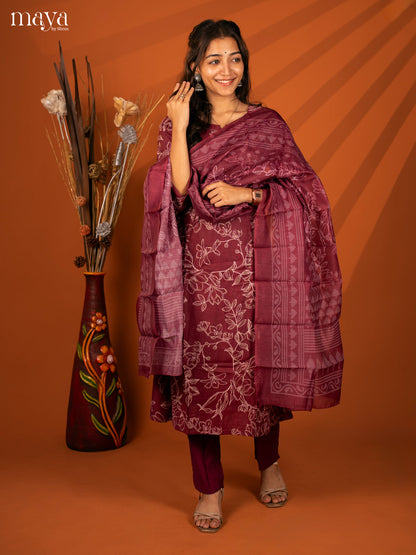 Magenta Cotton 3 Pc Printed Salwar Suit - Top, Bottom & Dupatta