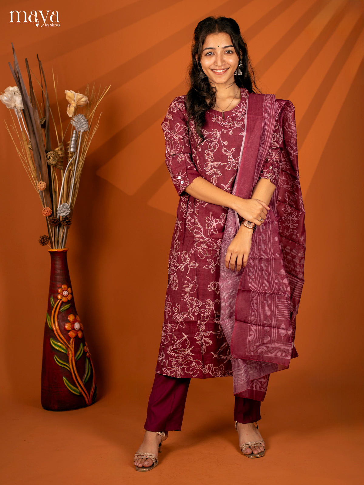 Magenta Cotton 3 Pc Printed Salwar Suit - Top, Bottom & Dupatta