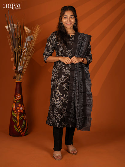 Black Cotton 3 Pc Salwar With Floral Print - Top, Bottom & Dupatta - Shop on Shrus.com