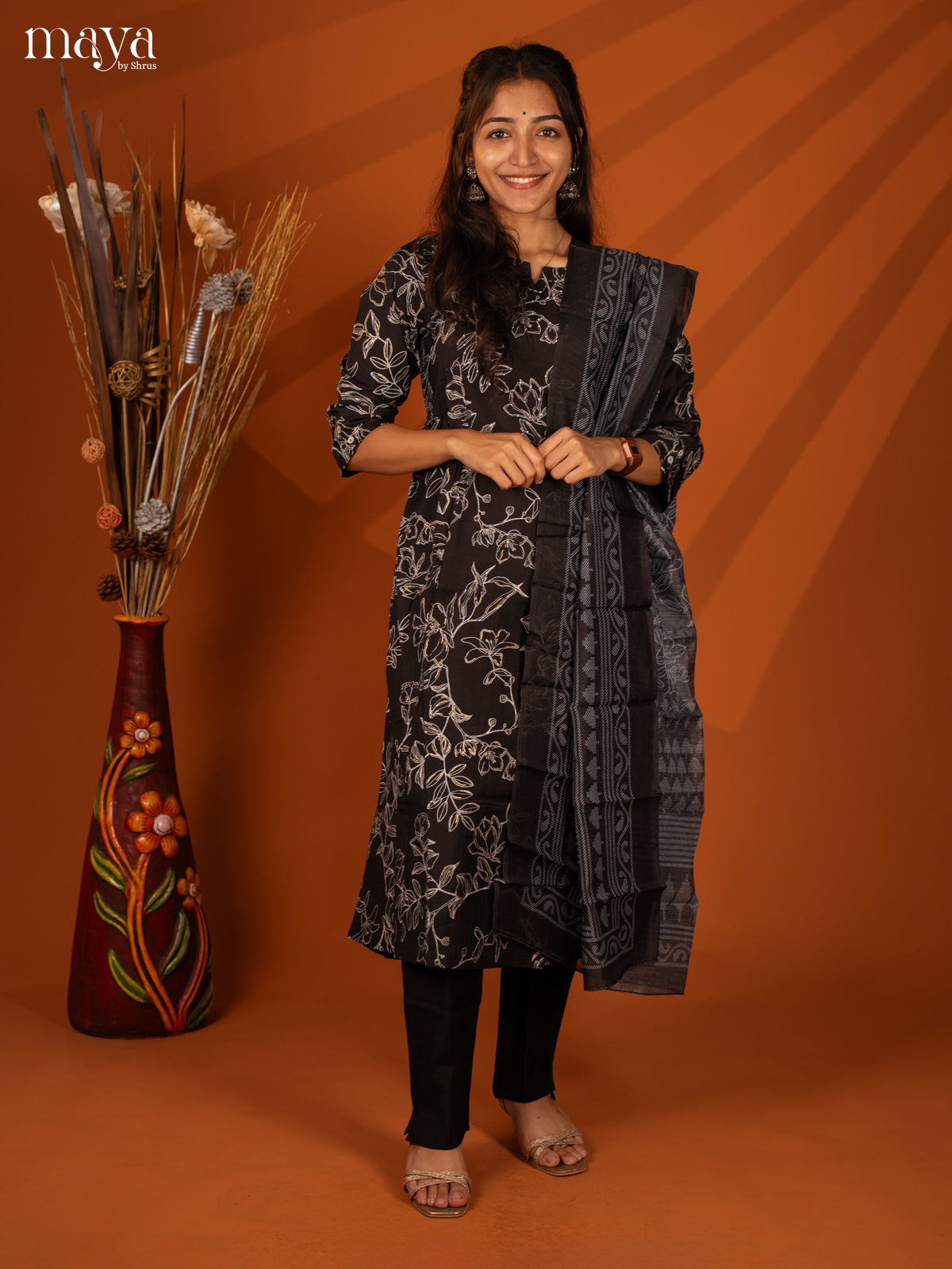 Black Cotton 3 Pc Salwar With Floral Print - Top, Bottom & Dupatta