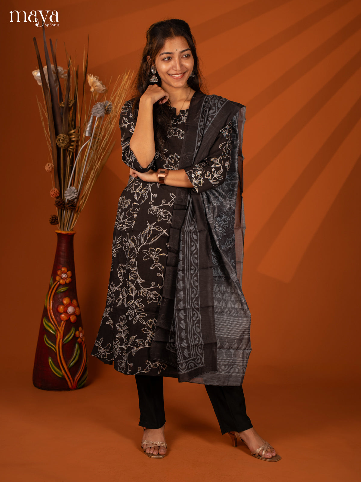 Black Cotton 3 Pc Salwar With Floral Print - Top, Bottom & Dupatta