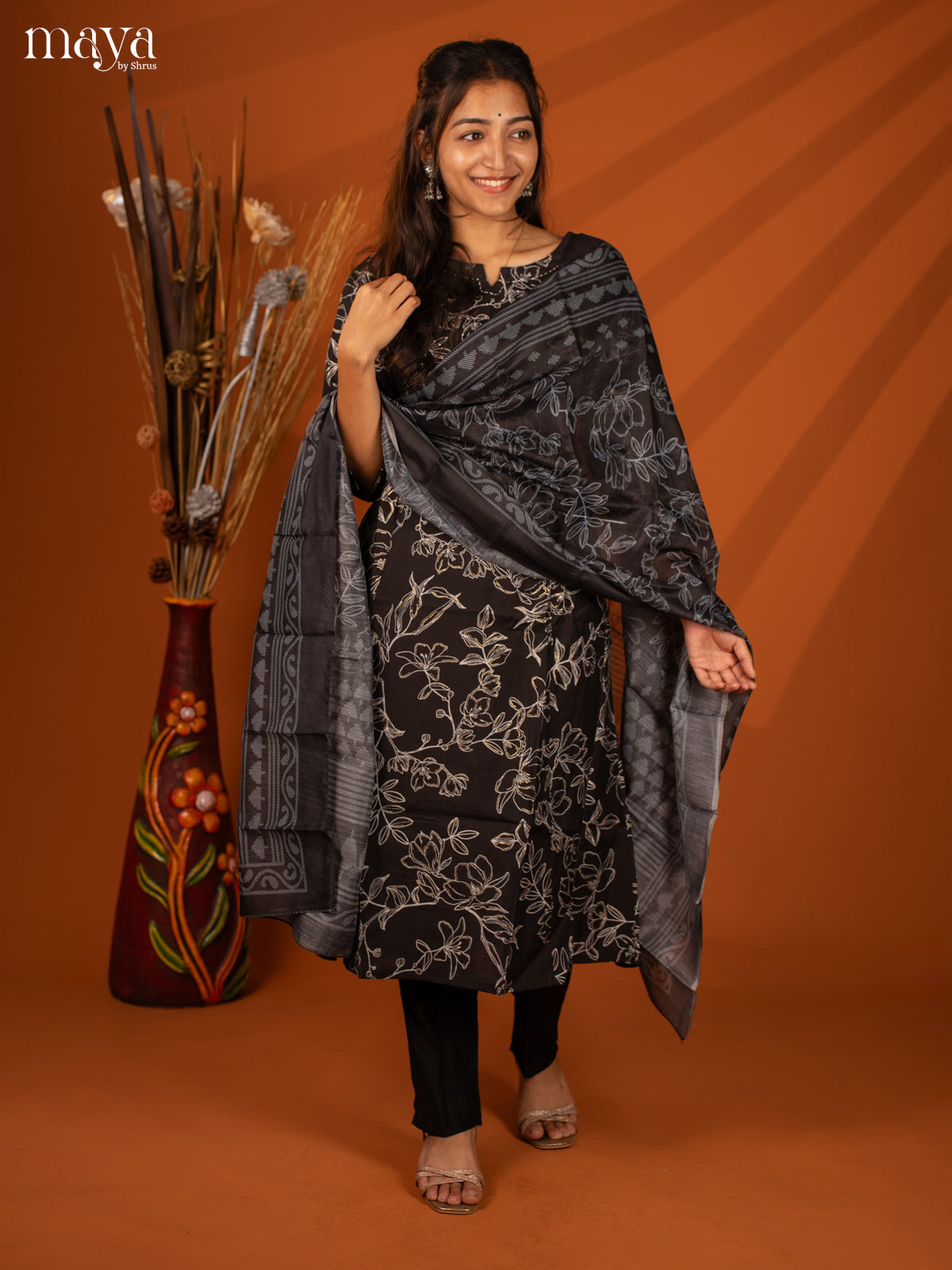Black Cotton 3 Pc Salwar With Floral Print - Top, Bottom & Dupatta