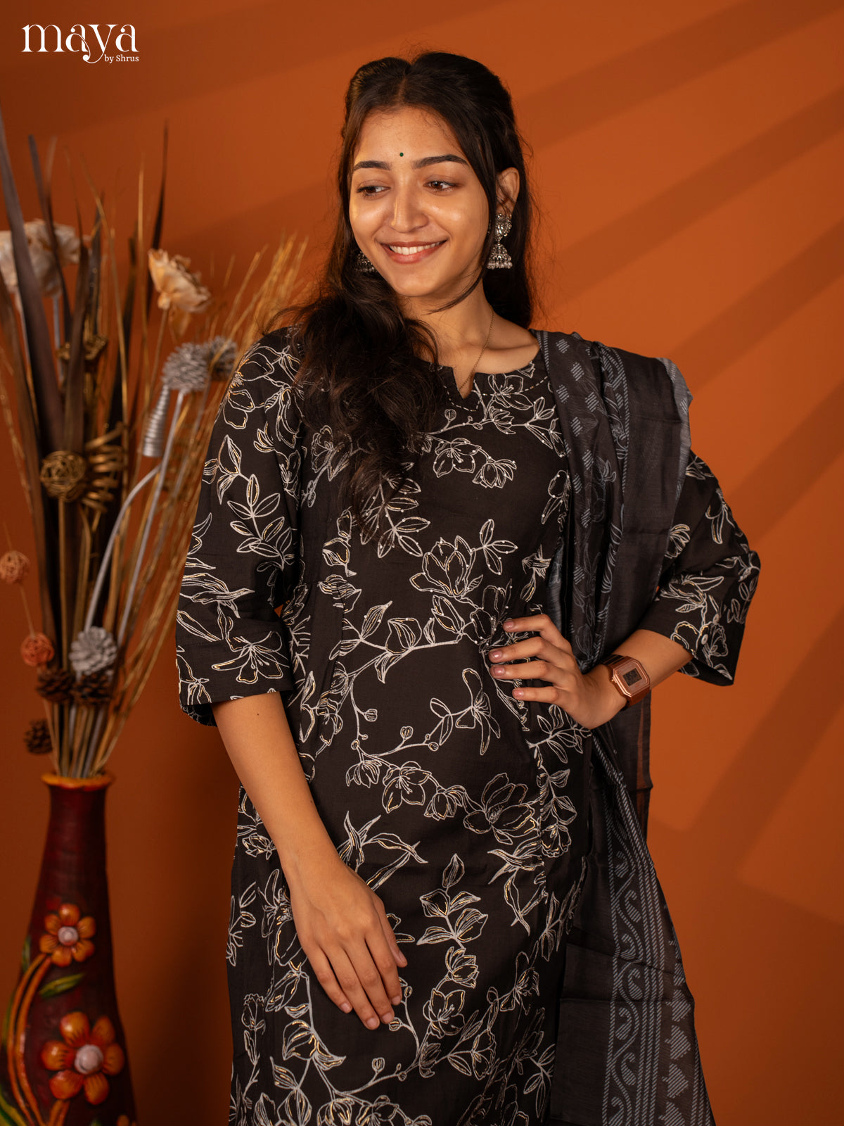 Black Cotton 3 Pc Salwar With Floral Print - Top, Bottom & Dupatta