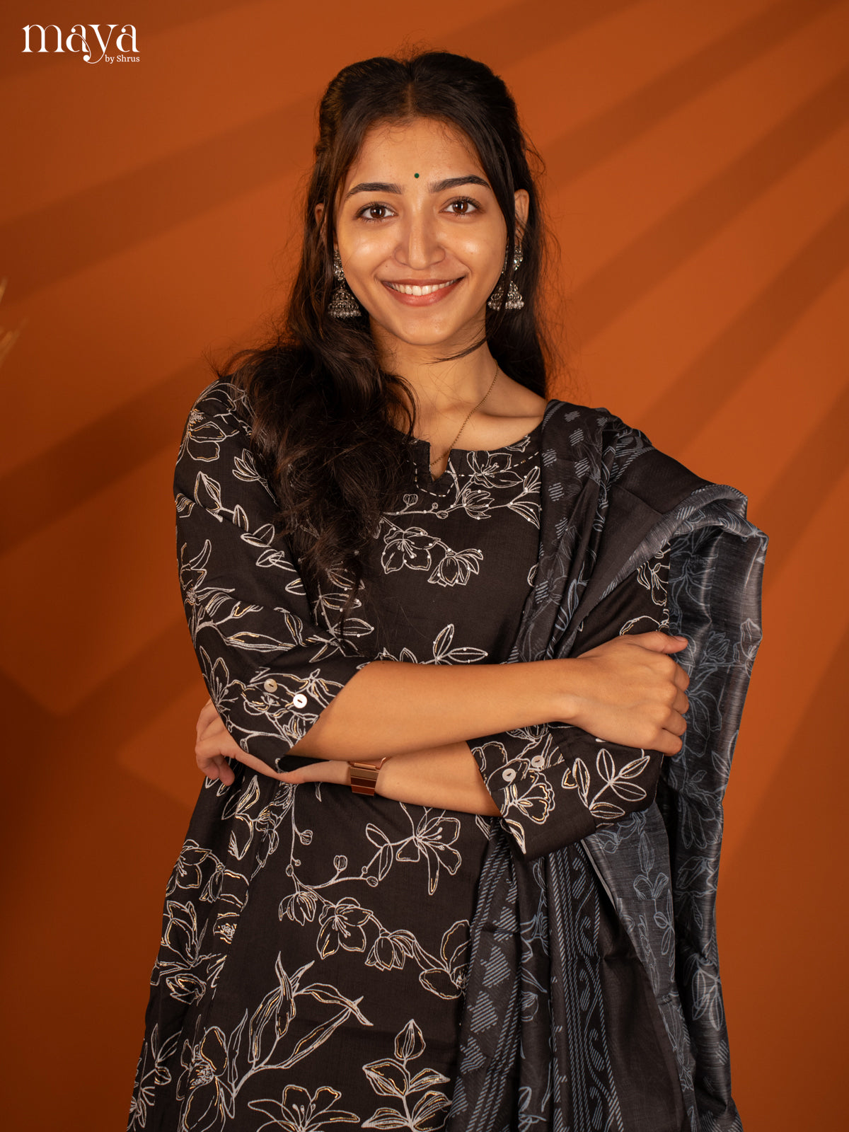 Black Cotton 3 Pc Salwar With Floral Print - Top, Bottom & Dupatta