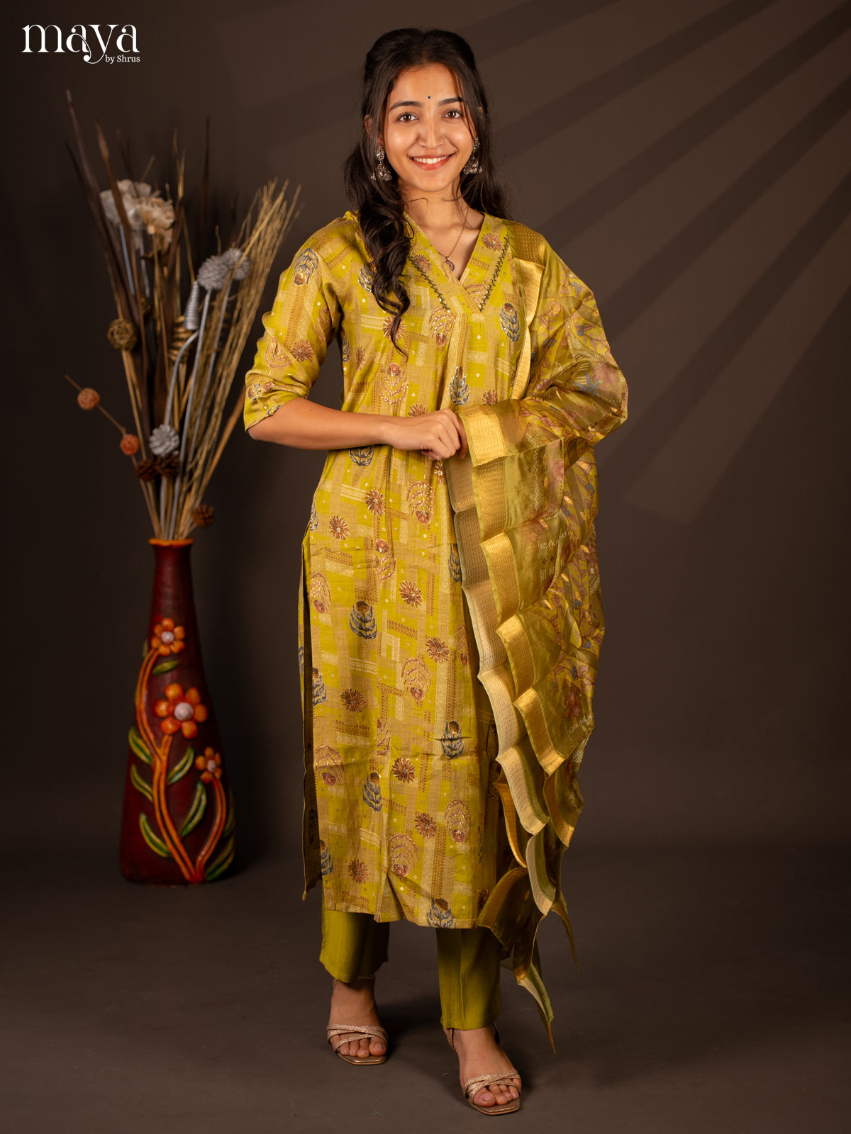 Green Rayon 3 Pc Salwar With Floral Print - Top, Bottom & Dupatta