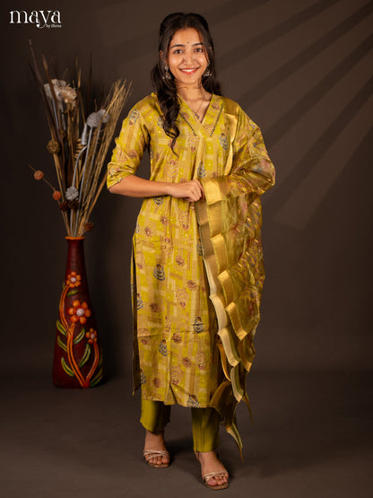 Green Rayon 3 Pc Salwar With Floral Print - Top, Bottom & Dupatta