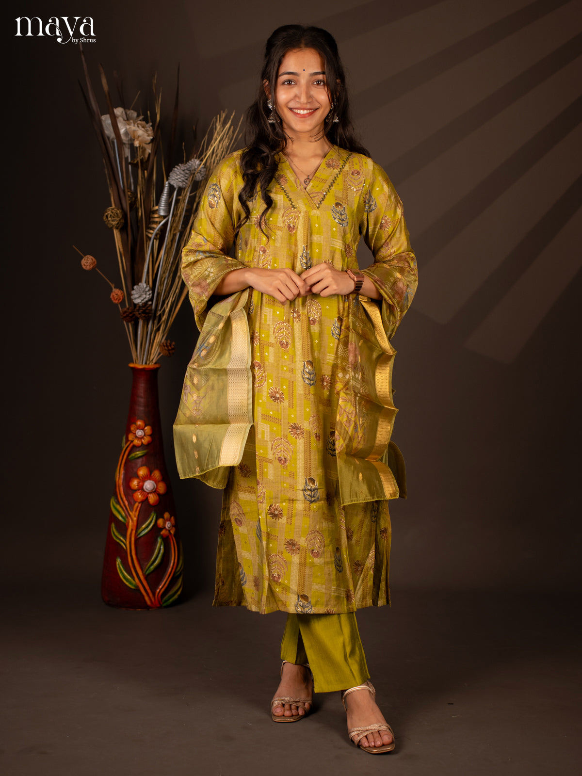 Green Rayon 3 Pc Salwar With Floral Print - Top, Bottom & Dupatta