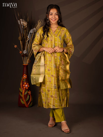 Green Rayon 3 Pc Salwar With Floral Print - Top, Bottom & Dupatta