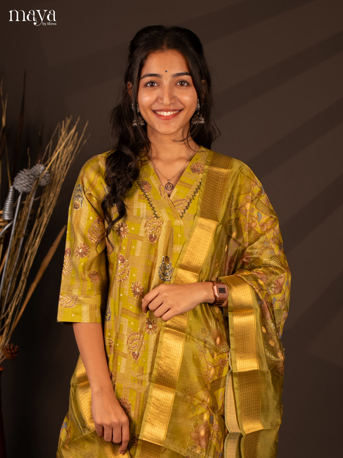 Green Rayon 3 Pc Salwar With Floral Print - Top, Bottom & Dupatta