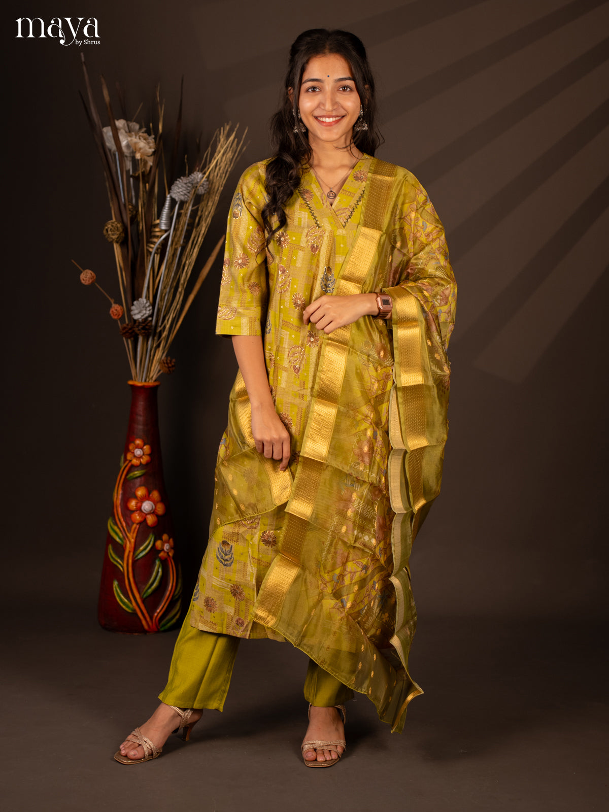 Green Rayon 3 Pc Salwar With Floral Print - Top, Bottom & Dupatta