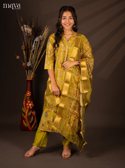 Green Rayon 3 Pc Salwar With Floral Print - Top, Bottom & Dupatta