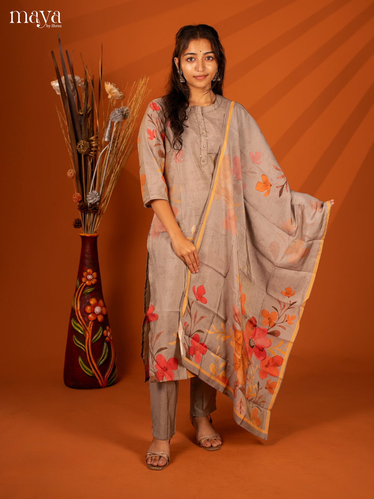 Embroidered Rayon Grey 3Pc Salwar Suit- Top, Bottom & Duptta