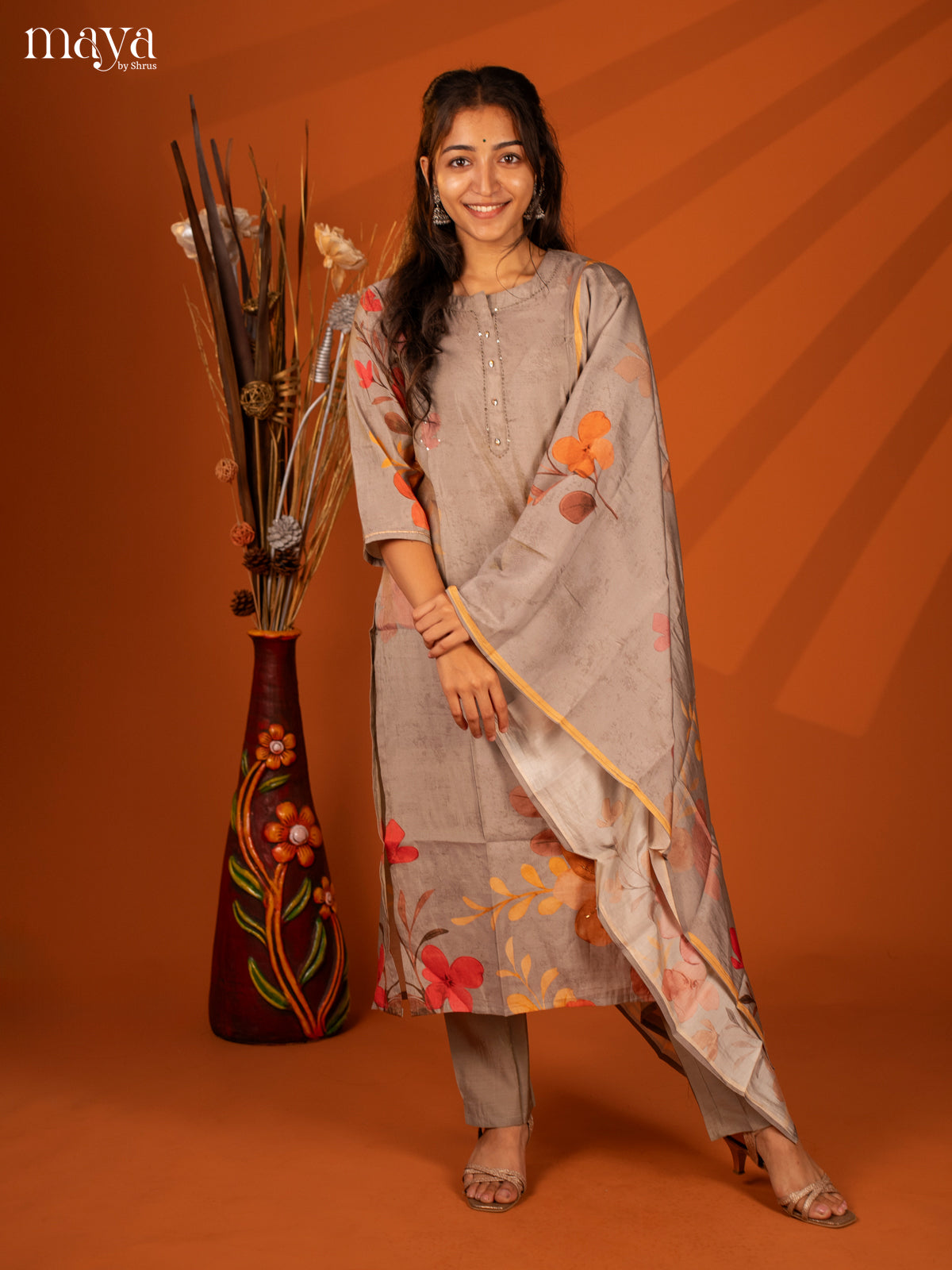 Embroidered Rayon Grey 3Pc Salwar Suit- Top, Bottom & Duptta