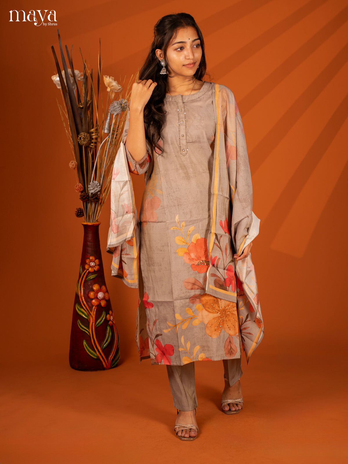 Embroidered Rayon Grey 3Pc Salwar Suit- Top, Bottom & Duptta