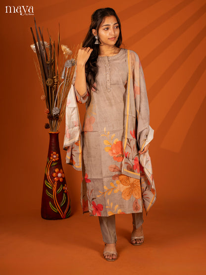 Embroidered Rayon Grey 3Pc Salwar Suit- Top, Bottom & Duptta