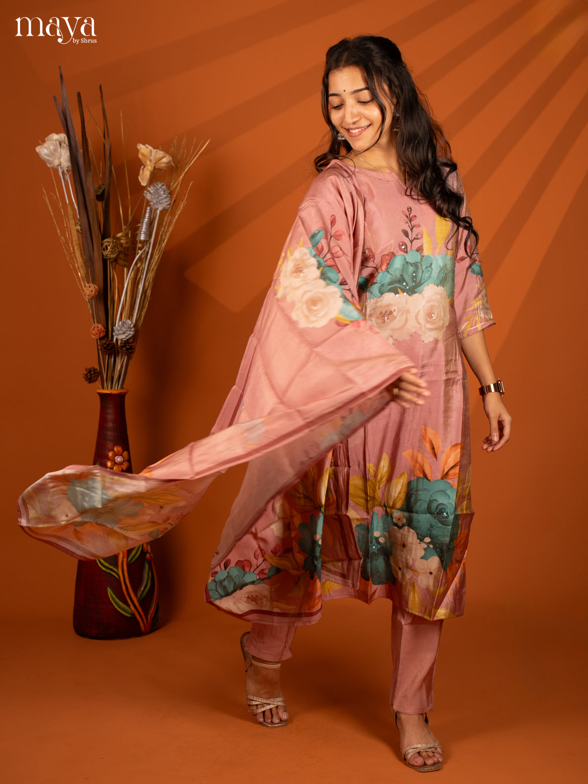 Pink Semi Crepe 3 Pc Salwar With Floral Print - Top, Bottom & Dupatta