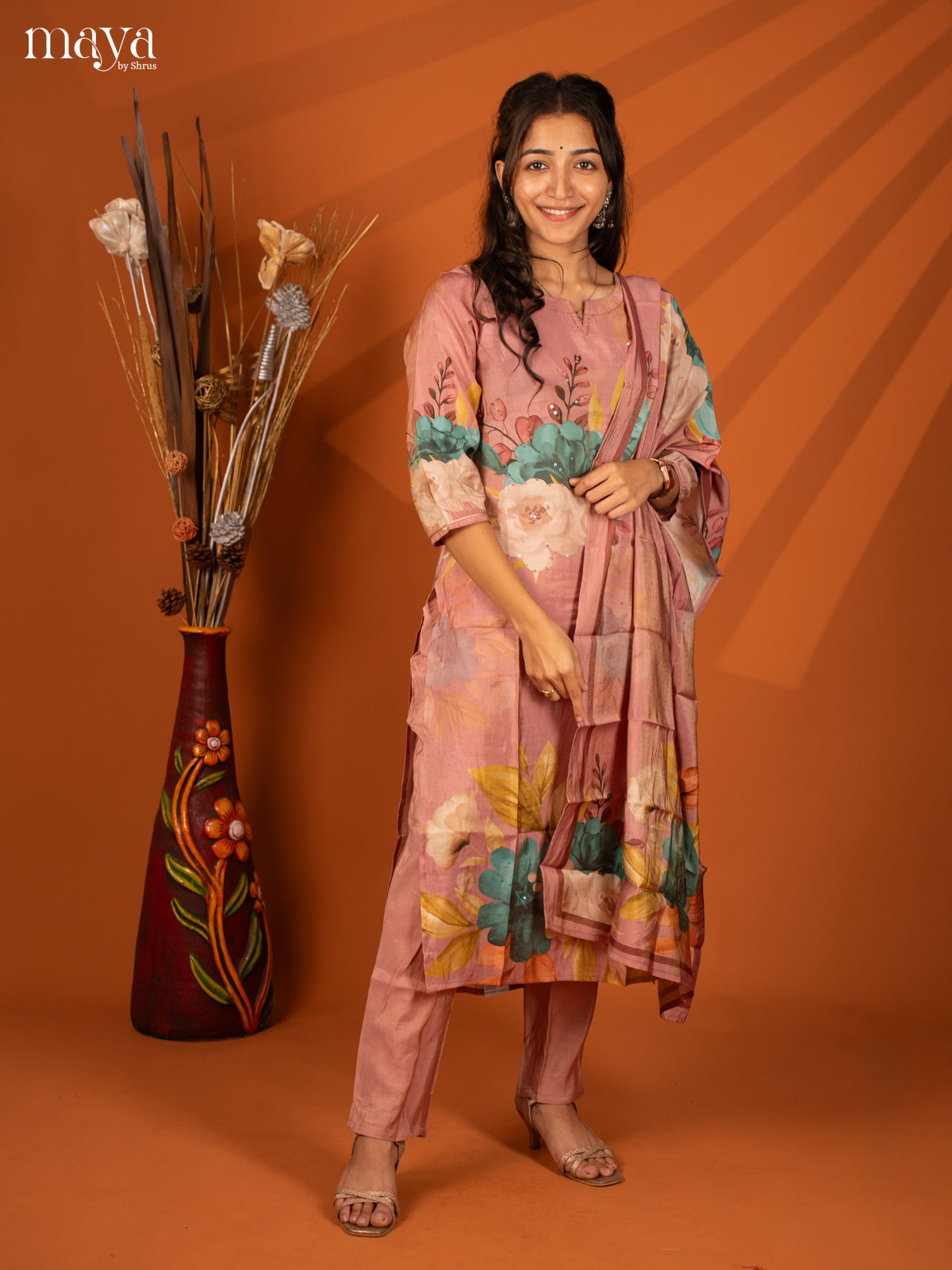 Pink Semi Crepe 3 Pc Salwar With Floral Print - Top, Bottom & Dupatta