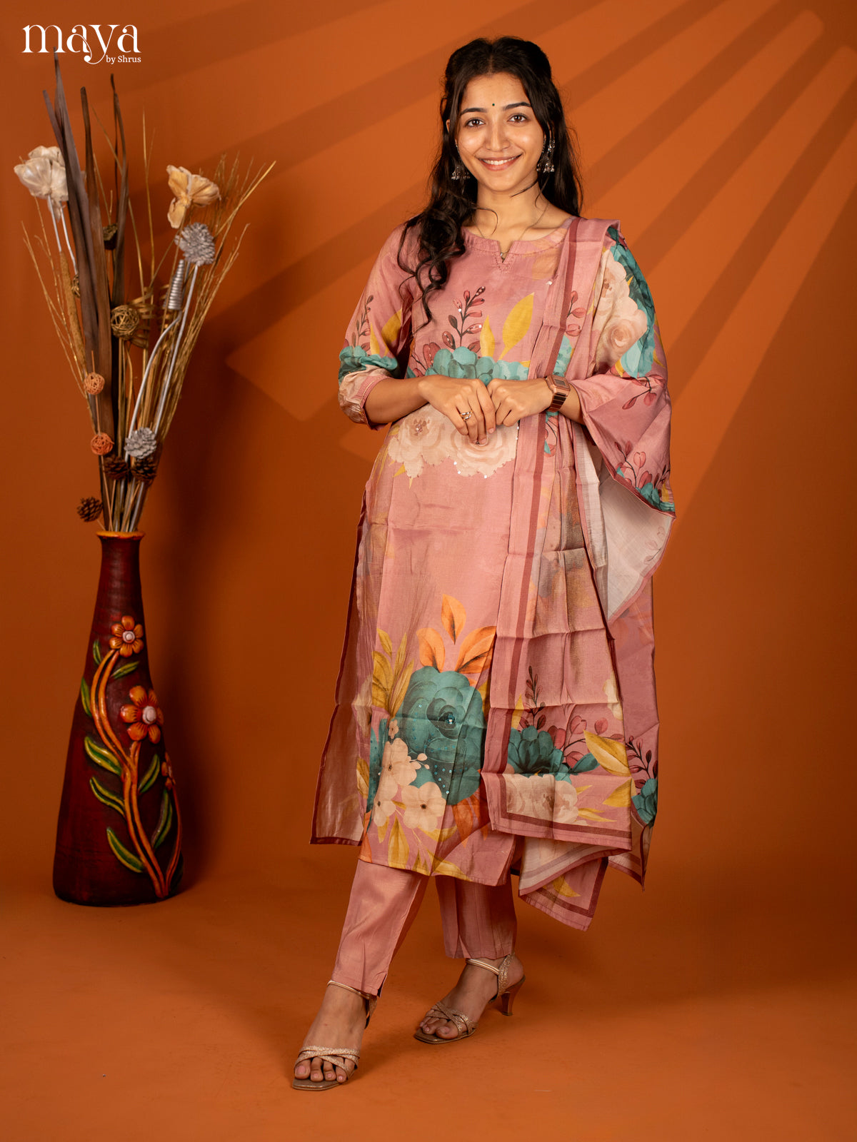 Pink Semi Crepe 3 Pc Salwar With Floral Print - Top, Bottom & Dupatta