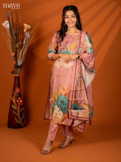 Pink Semi Crepe 3 Pc Salwar With Floral Print - Top, Bottom & Dupatta