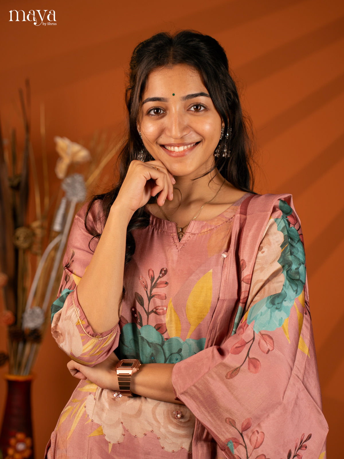 Pink Semi Crepe 3 Pc Salwar With Floral Print - Top, Bottom & Dupatta