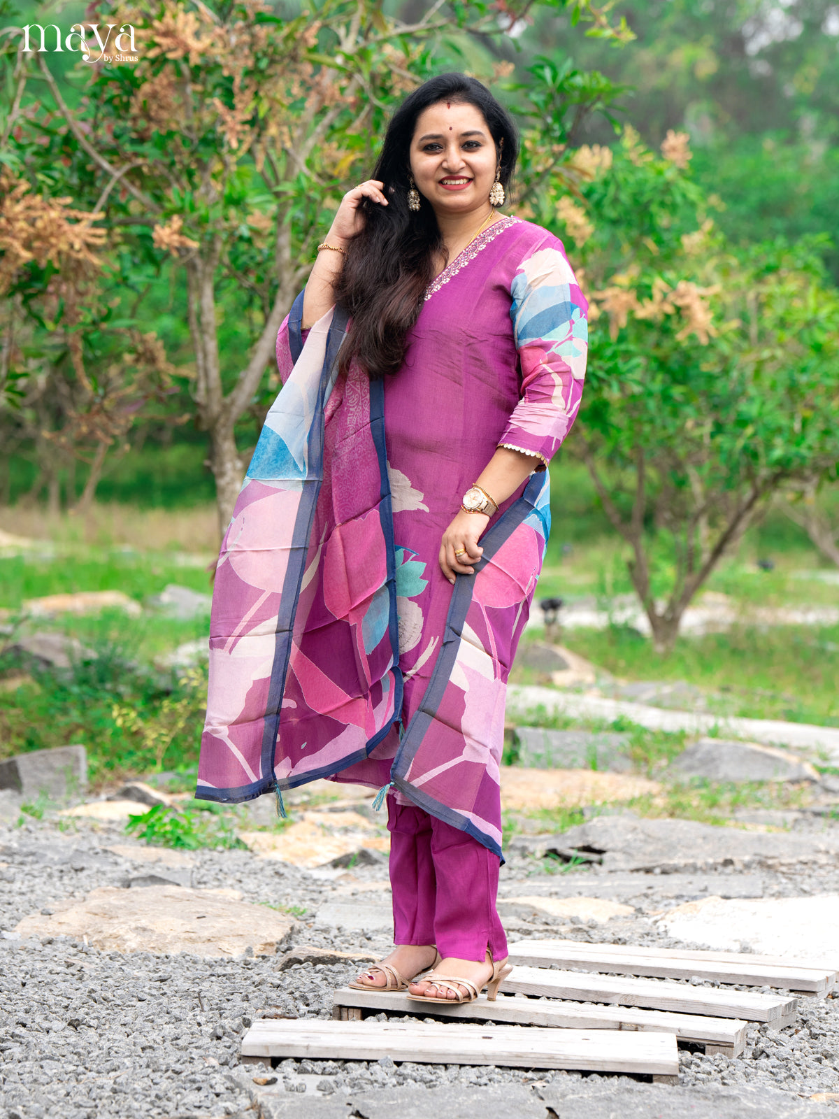 Embroidered Rayon Magenta 3Pc Salwar Suit - Top, Bottom & Dupatta