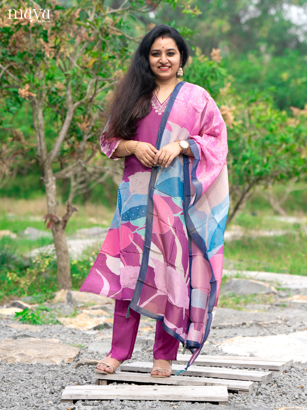 Embroidered Rayon Magenta 3Pc Salwar Suit - Top, Bottom & Dupatta