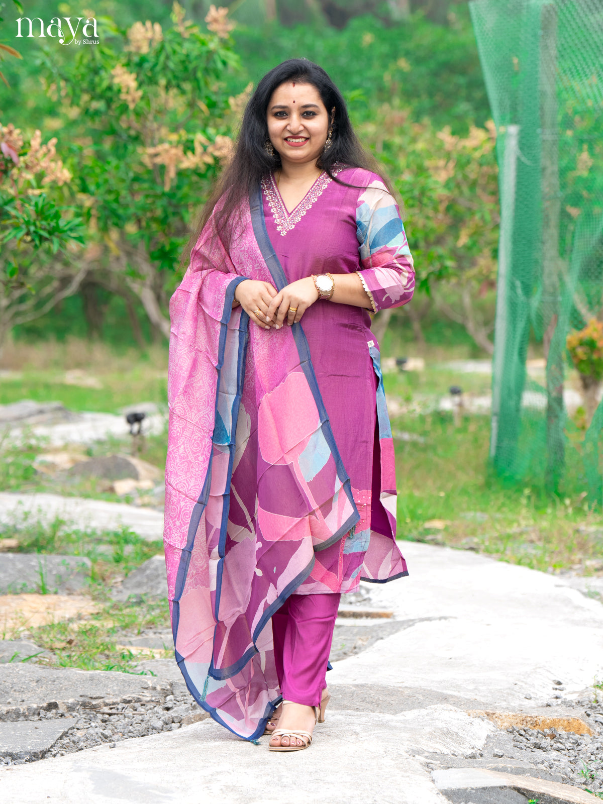 Embroidered Rayon Magenta 3Pc Salwar Suit - Top, Bottom & Dupatta