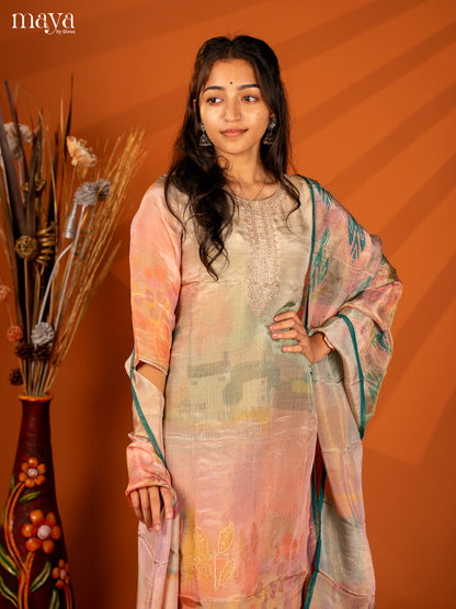 Embroidered Semi Georgette Green 3Pc Salwar Suit- Top, Bottom & Dupatta