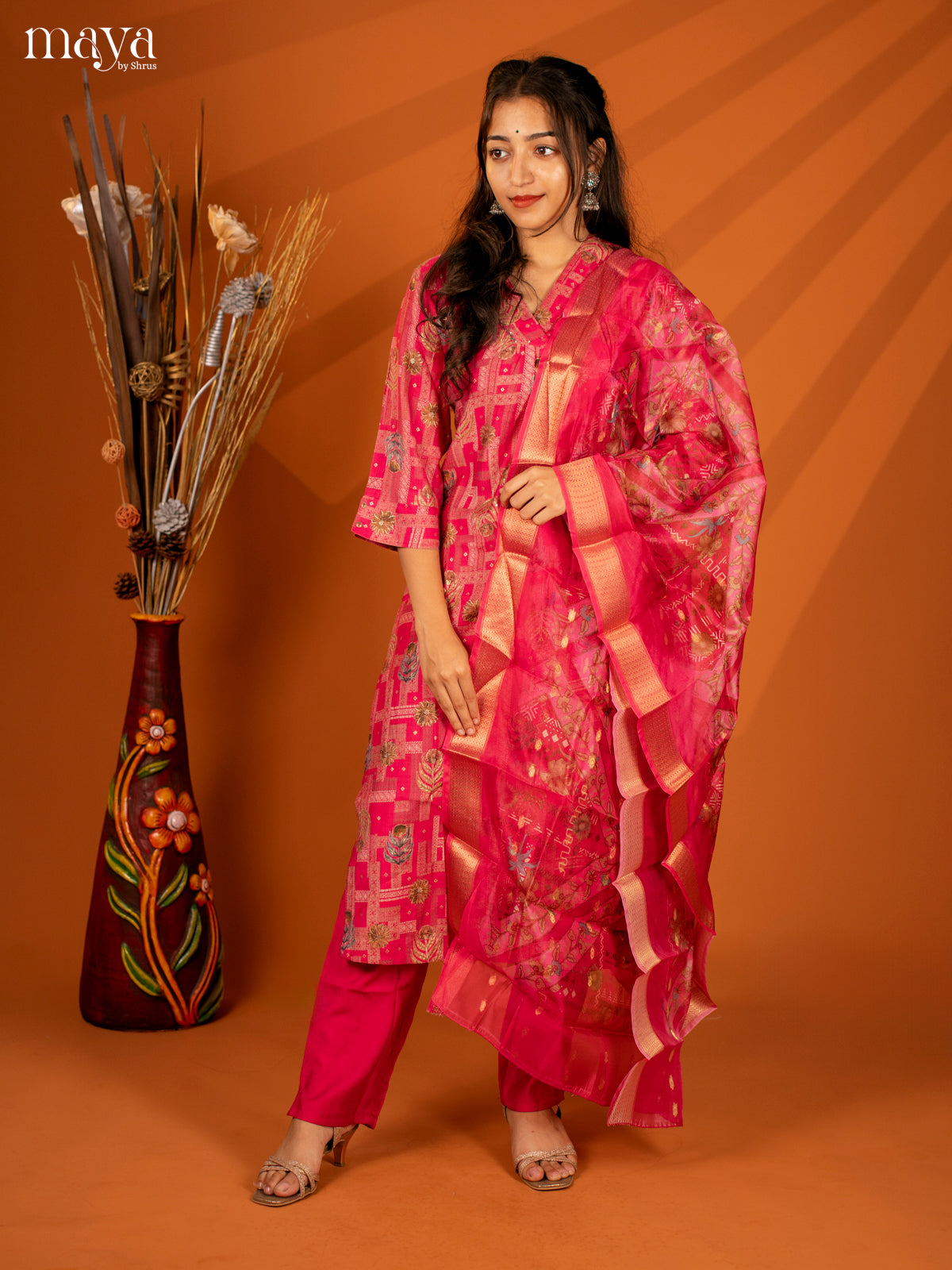 Pink Cotton 3 Pc Salwar With Floral Print - Top, Bottom & Dupatta