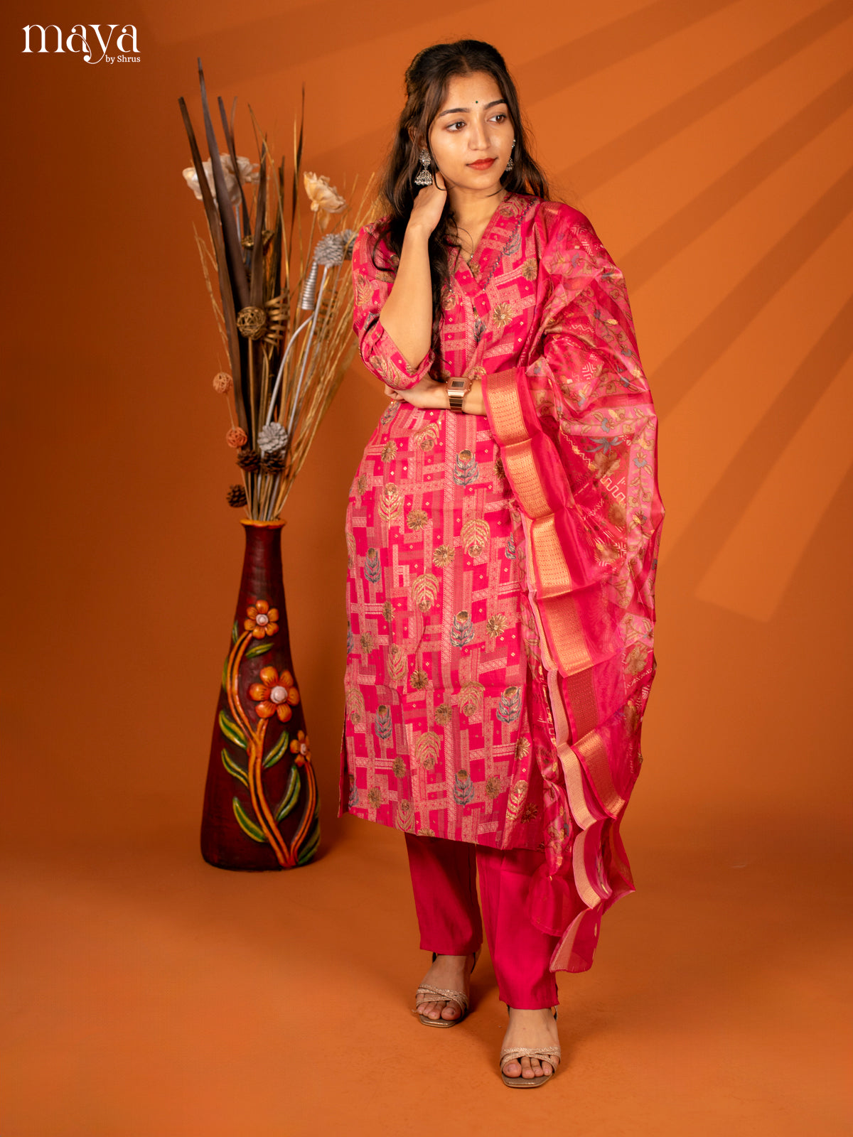 Pink Cotton 3 Pc Salwar With Floral Print - Top, Bottom & Dupatta