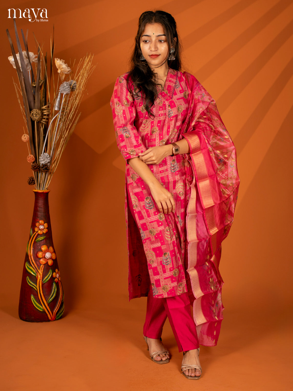 Pink Cotton 3 Pc Salwar With Floral Print - Top, Bottom & Dupatta