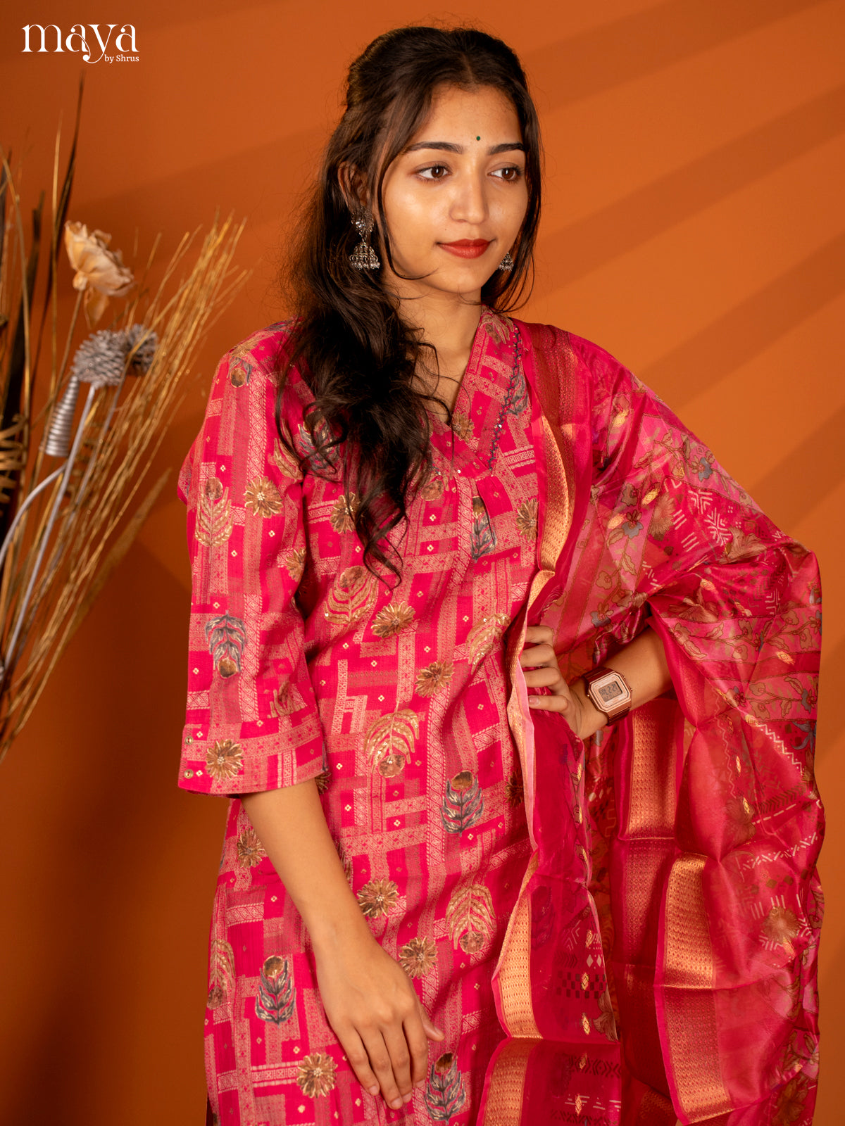 Pink Cotton 3 Pc Salwar With Floral Print - Top, Bottom & Dupatta