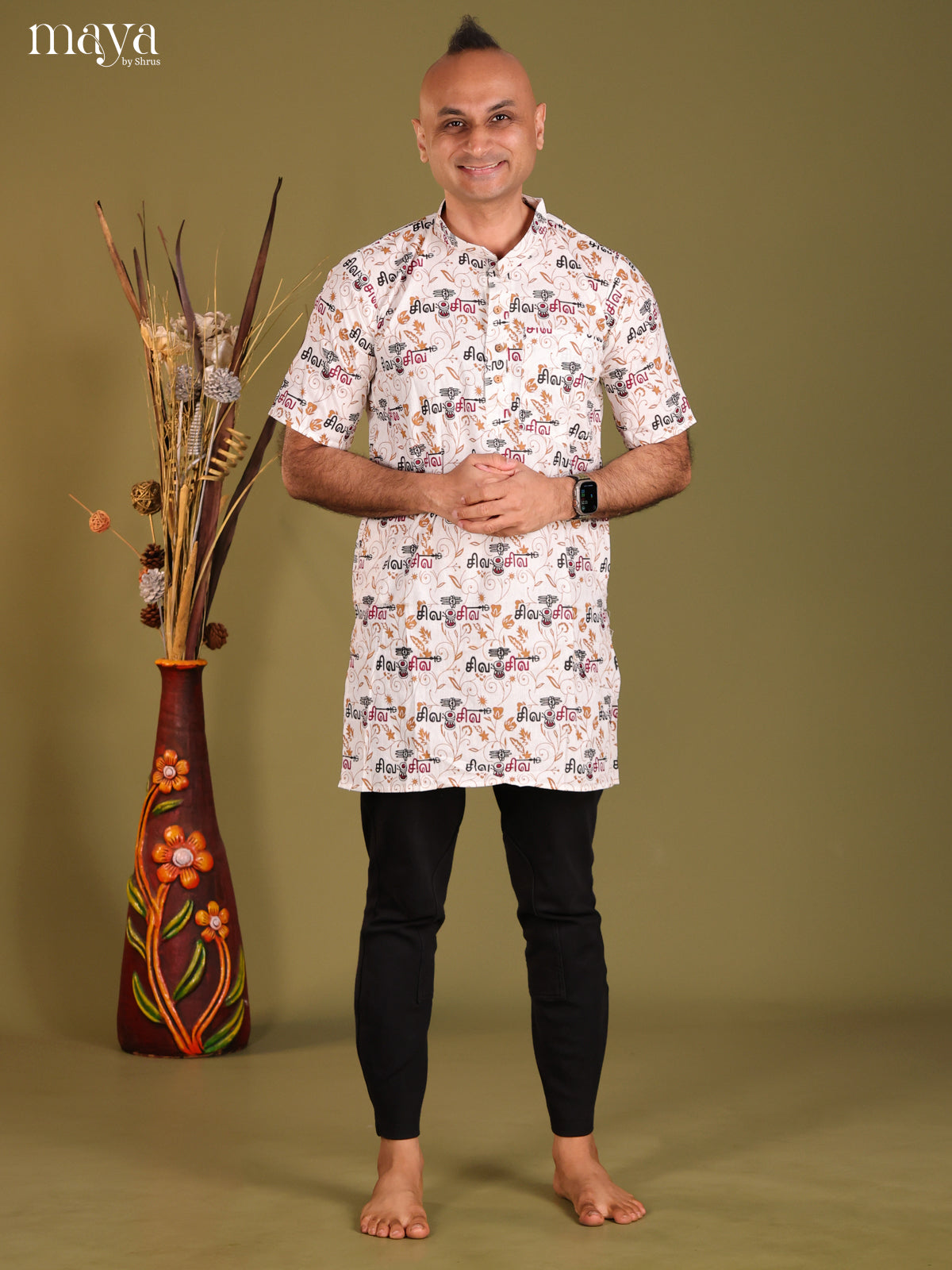 White Cotton Divine Printed Short Men Kurta