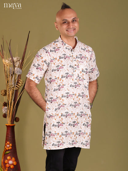 White Cotton Divine Printed Short Men Kurta