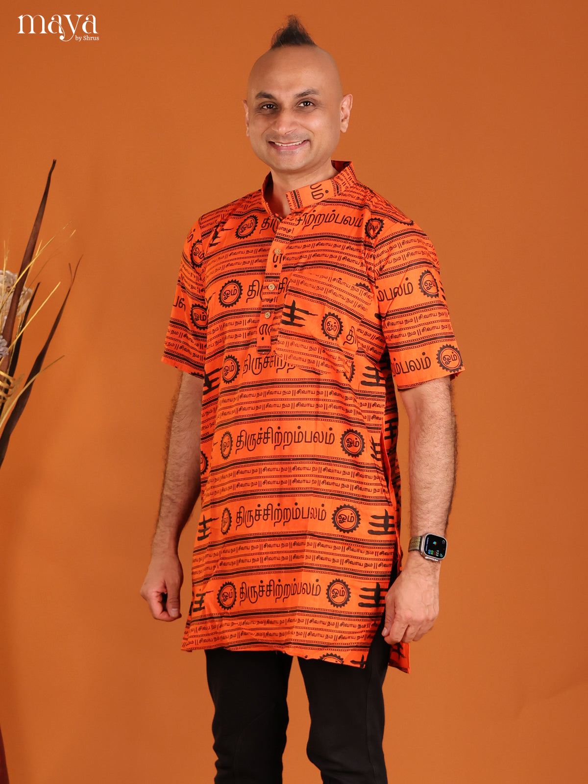 Orange Cotton Divine Printed Short Men Kurta