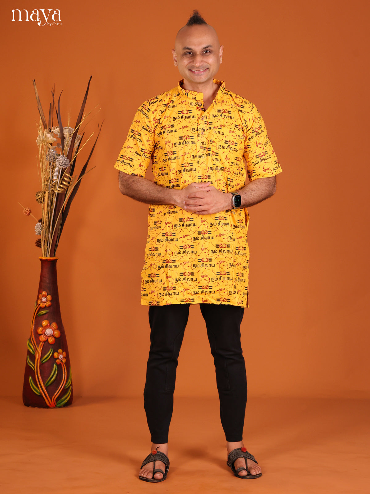 Yellow Cotton Divine Printed Short Men Kurta