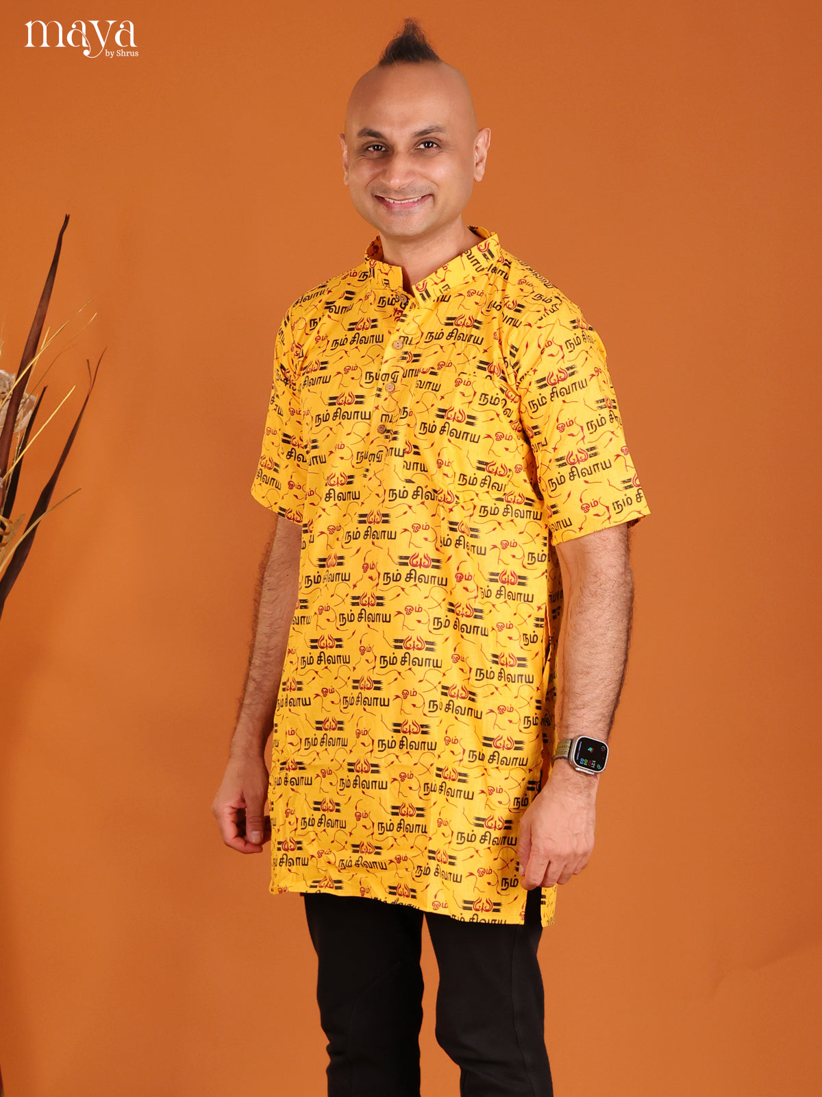 Yellow Cotton Divine Printed Short Men Kurta