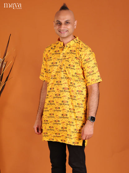 Yellow Cotton Divine Printed Short Men Kurta