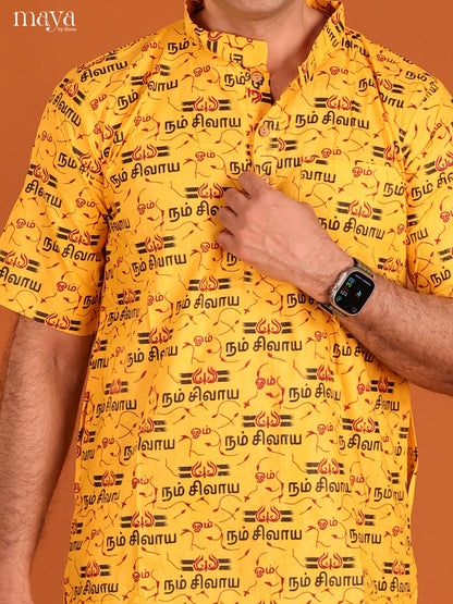Yellow Cotton Divine Printed Short Men Kurta
